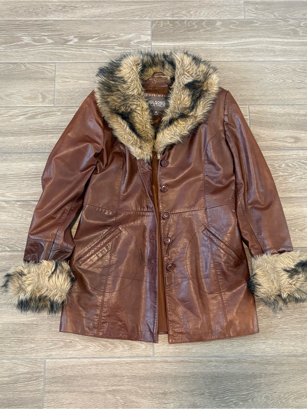 Wilson Leather Brown Faux Fur Trim Leather Coat